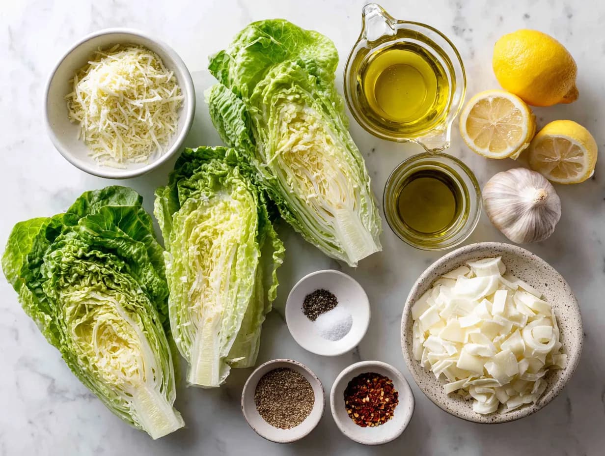 Top-down view of parmesan chopped salad ingredients including romaine lettuce, grated parmesan, olive oil, lemon, garlic, sliced onions, salt, pepper, and red pepper flakes on a marble surface