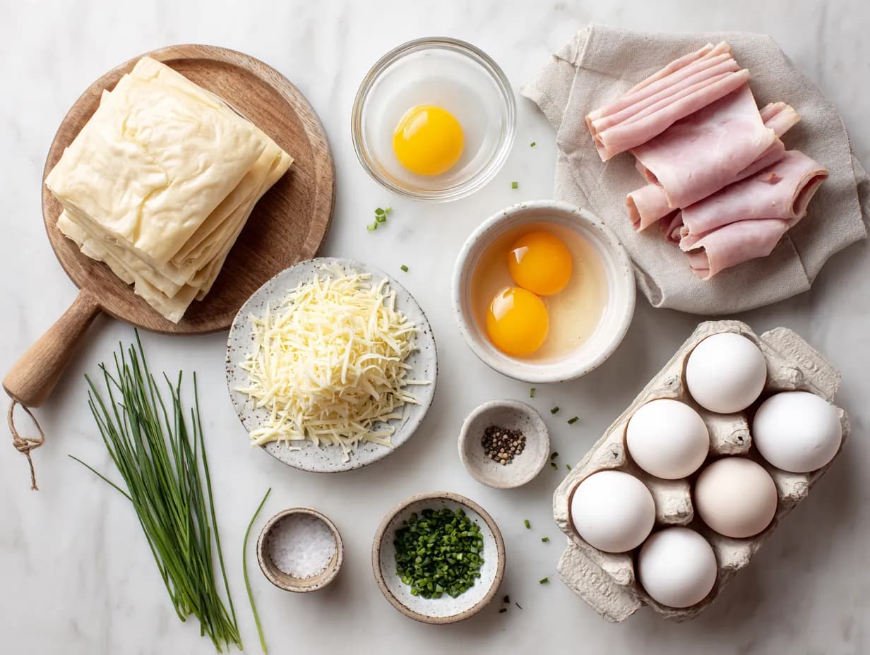 Puff pastry Croque Madame ingredients on marble surface