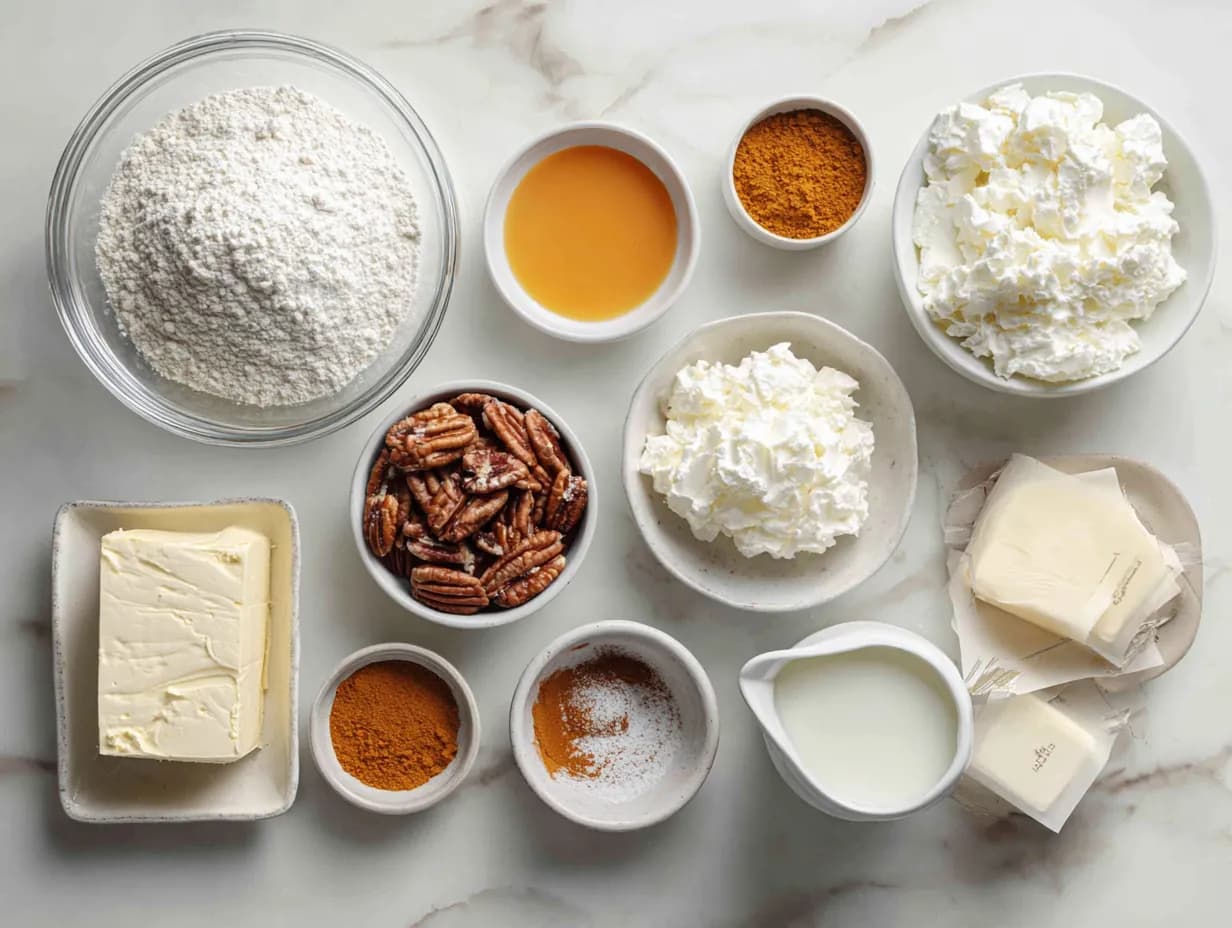 Top-down view of pumpkin delight dessert ingredients on marble