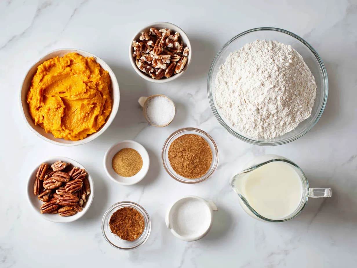 Ingredients for pumpkin pecan cobbler including pumpkin puree, flour, spices, and pecans on white marble