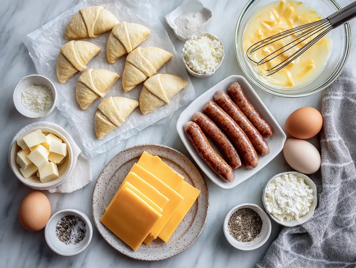 Ingredients for sausage egg and cheese roll-ups arranged on a white marble surface with crescent dough, eggs, sausage, cheddar, and butter.