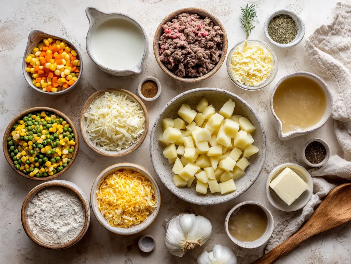 Top-down photo of Shepherd’s Pie Soup ingredients including potatoes, ground beef, cheese, butter, and mixed vegetables on a light countertop.