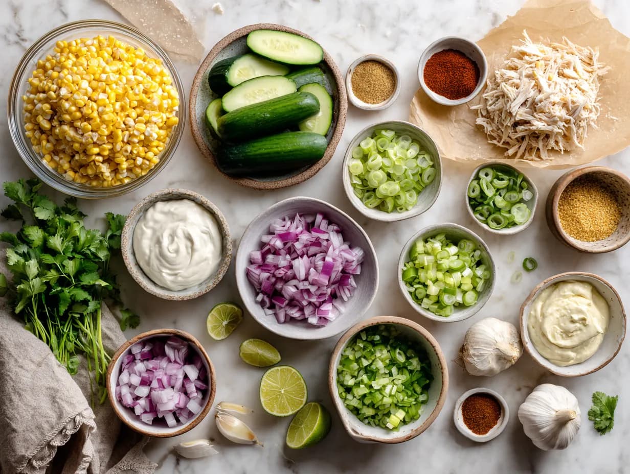 Ingredients for Street Corn Cucumber Salad on a marble surface.