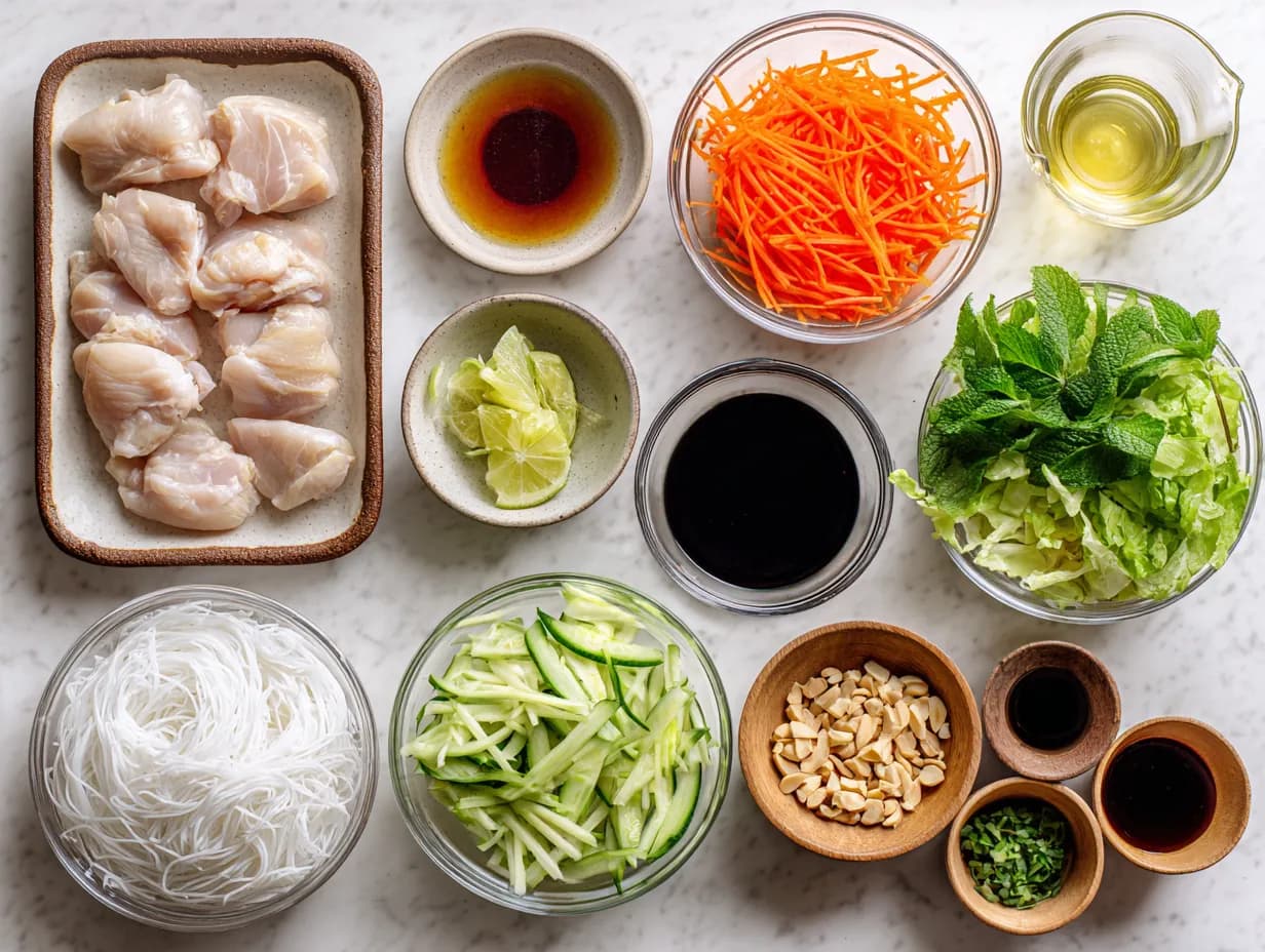op-down view of Vietnamese Chicken Noodle Bowl ingredients including raw chicken, rice vermicelli noodles, julienned carrots and cucumbers, shredded lettuce, fresh mint, lime wedges, chopped peanuts, and assorted sauces in small bowls, arranged neatly on a white marble surface.