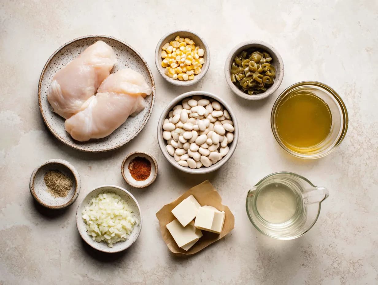 Top-down view of ingredients for white chicken chili crockpot recipe including chicken breasts, white beans, corn, green chiles, cream cheese, onion, broth, and spices