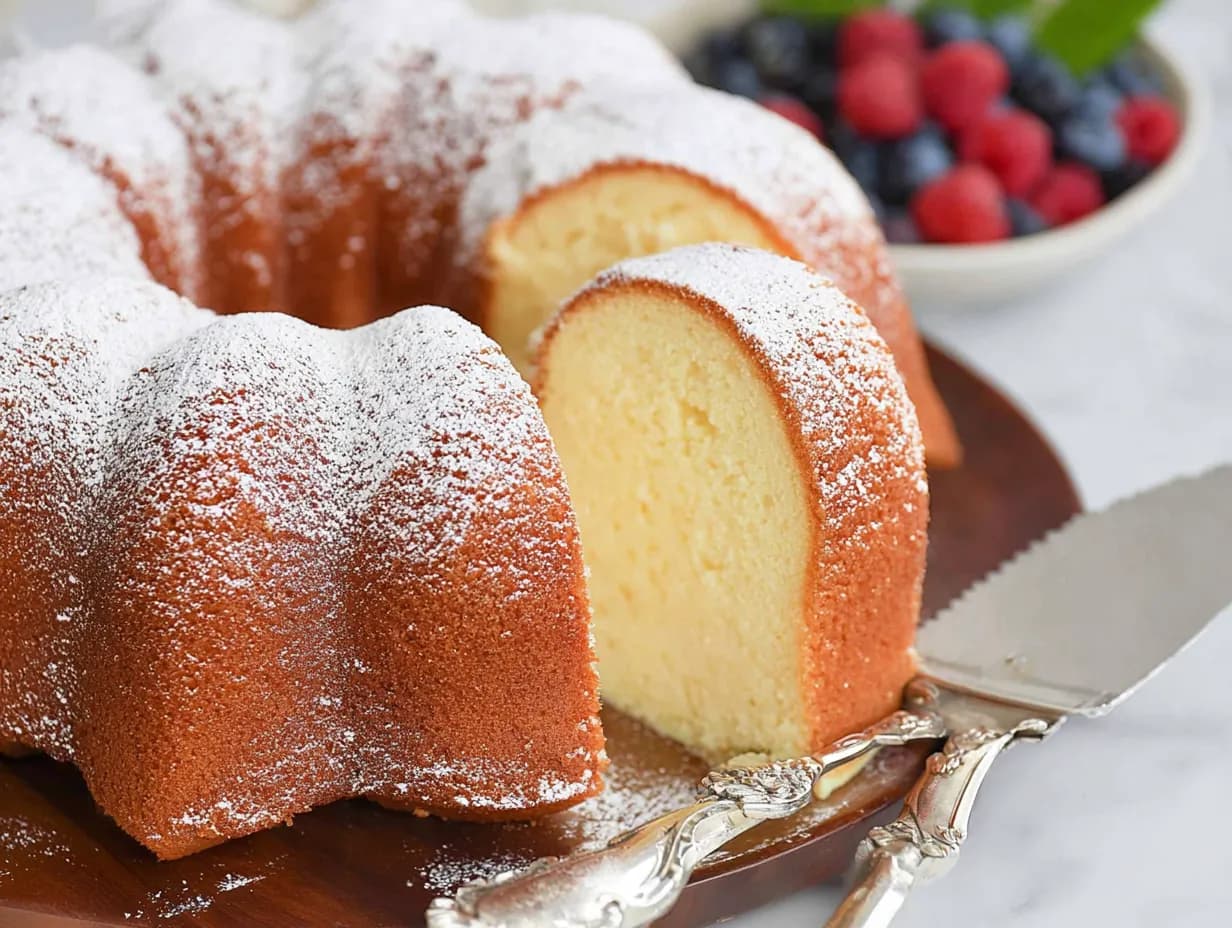 Whole vanilla Bundt cake dusted with powdered sugar, with one slice removed to reveal a tender crumb, presented on a wooden serving board with a cake knife.