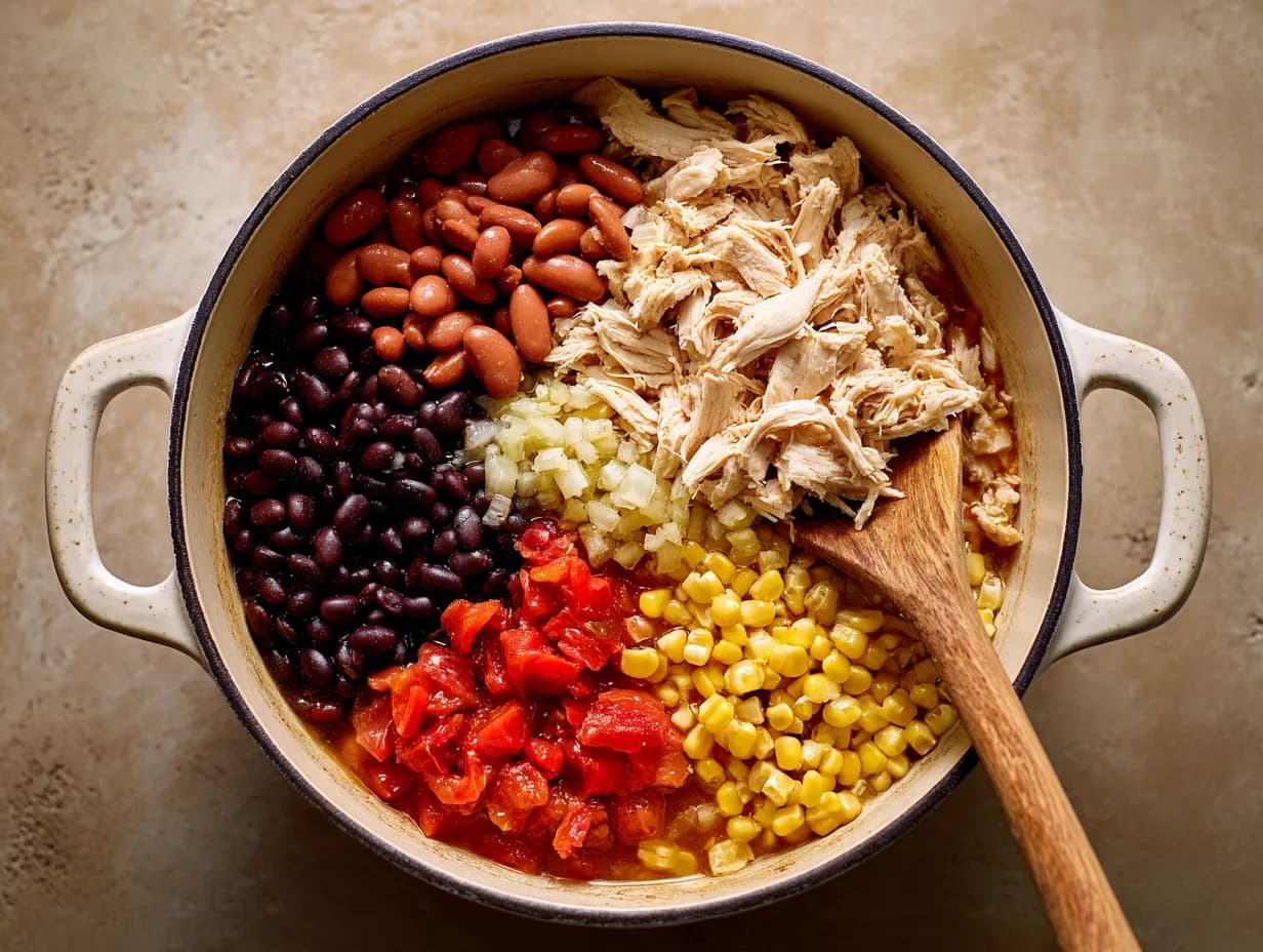 Top-down view of chicken taco soup ingredients in a pot: shredded chicken, beans, corn, tomatoes, and broth before stirring