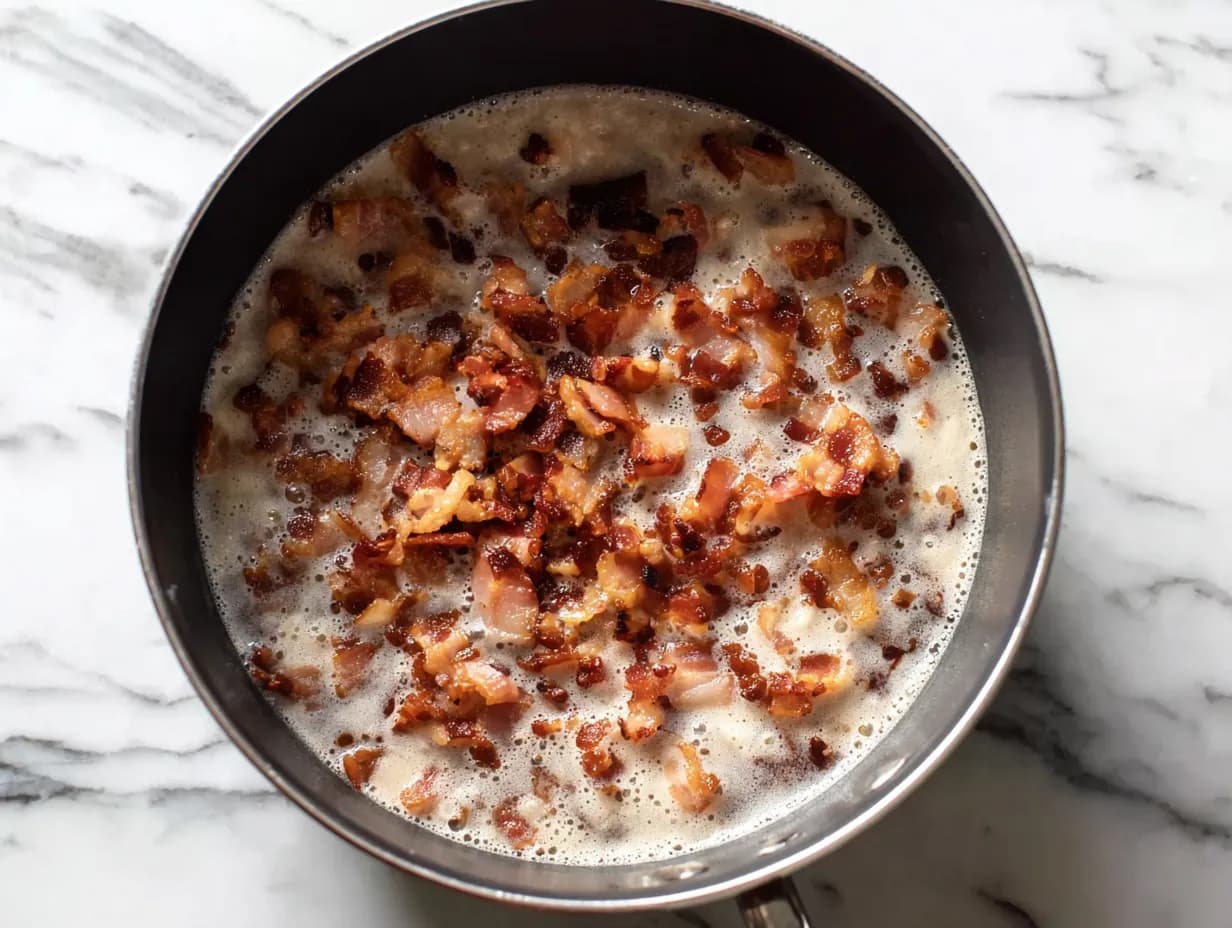 Crispy diced bacon sizzling in a pot for the creamy corn chowder recipe — the smoky flavor base for the soup.
