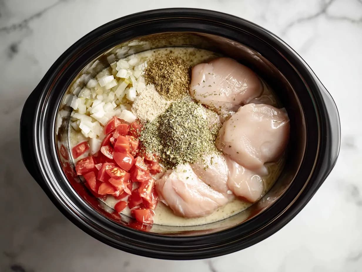 Chicken, tomatoes, soups, and seasoning layered in crockpot