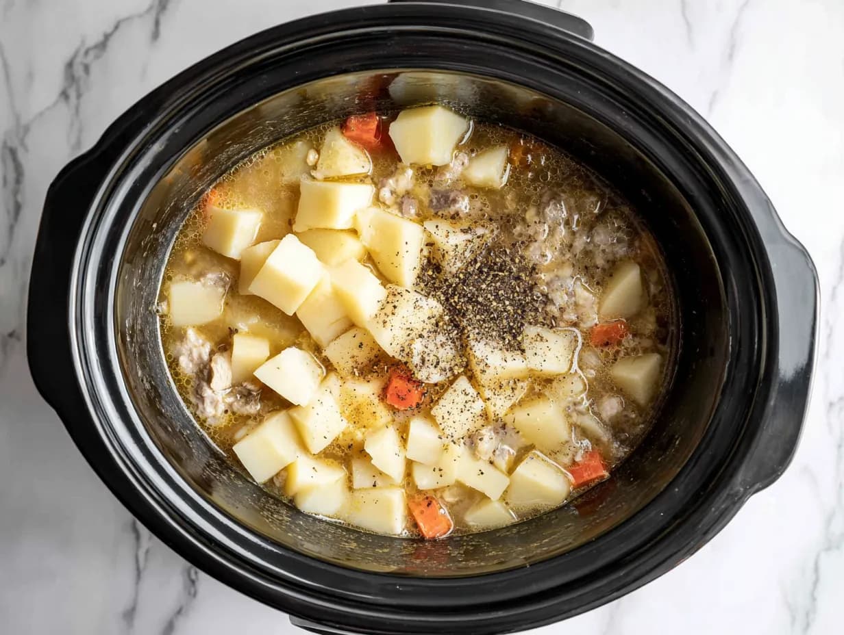 Diced potatoes, carrots, and broth combined in a slow cooker for Crockpot Potato Soup base