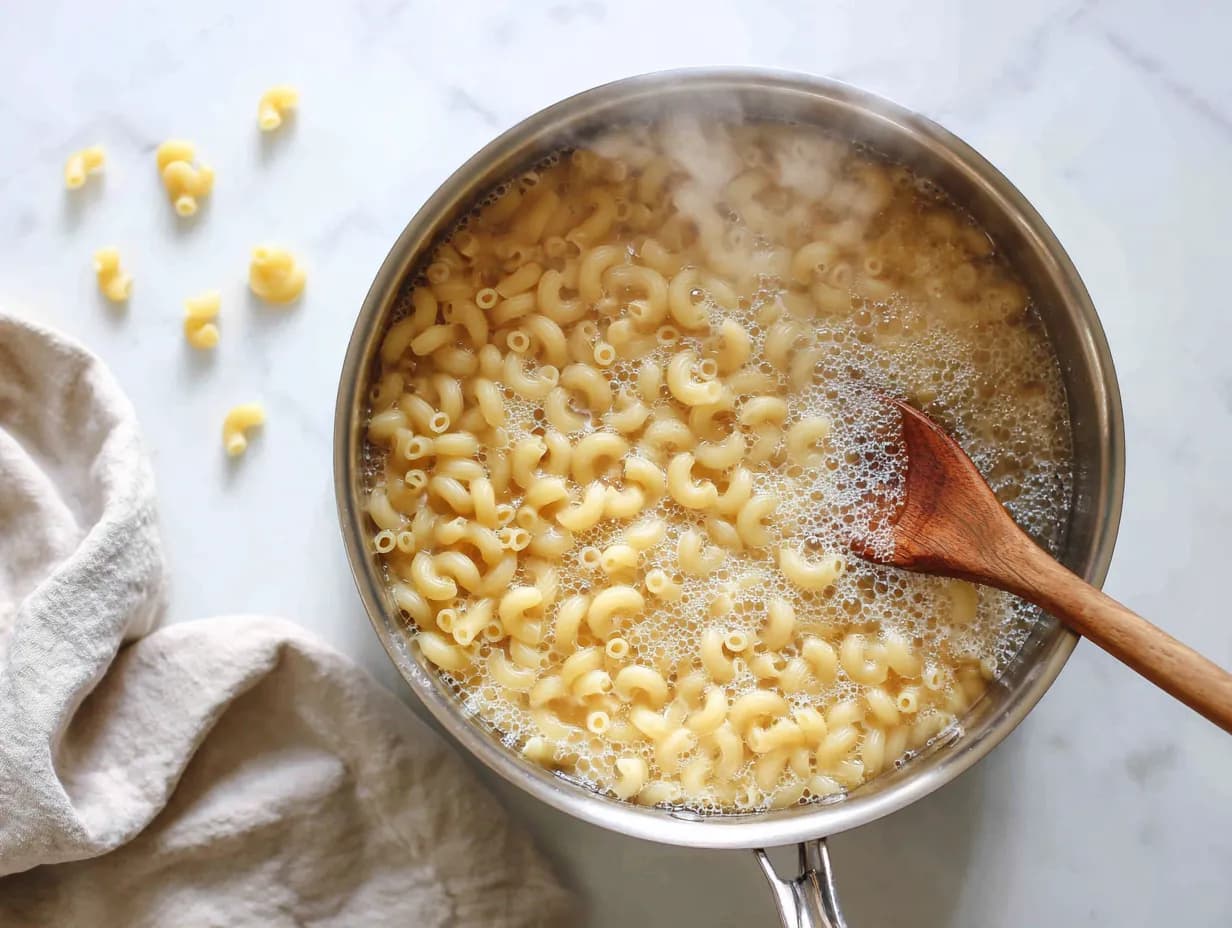 Elbow macaroni boiling in a stainless steel pot with soft steam, showing al dente cooking stage for crockpot mac and cheese