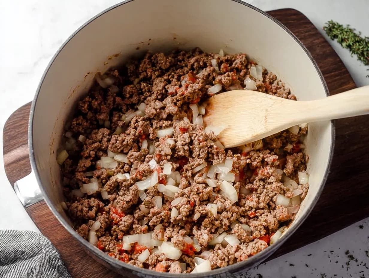 ground beef and onions in pot
