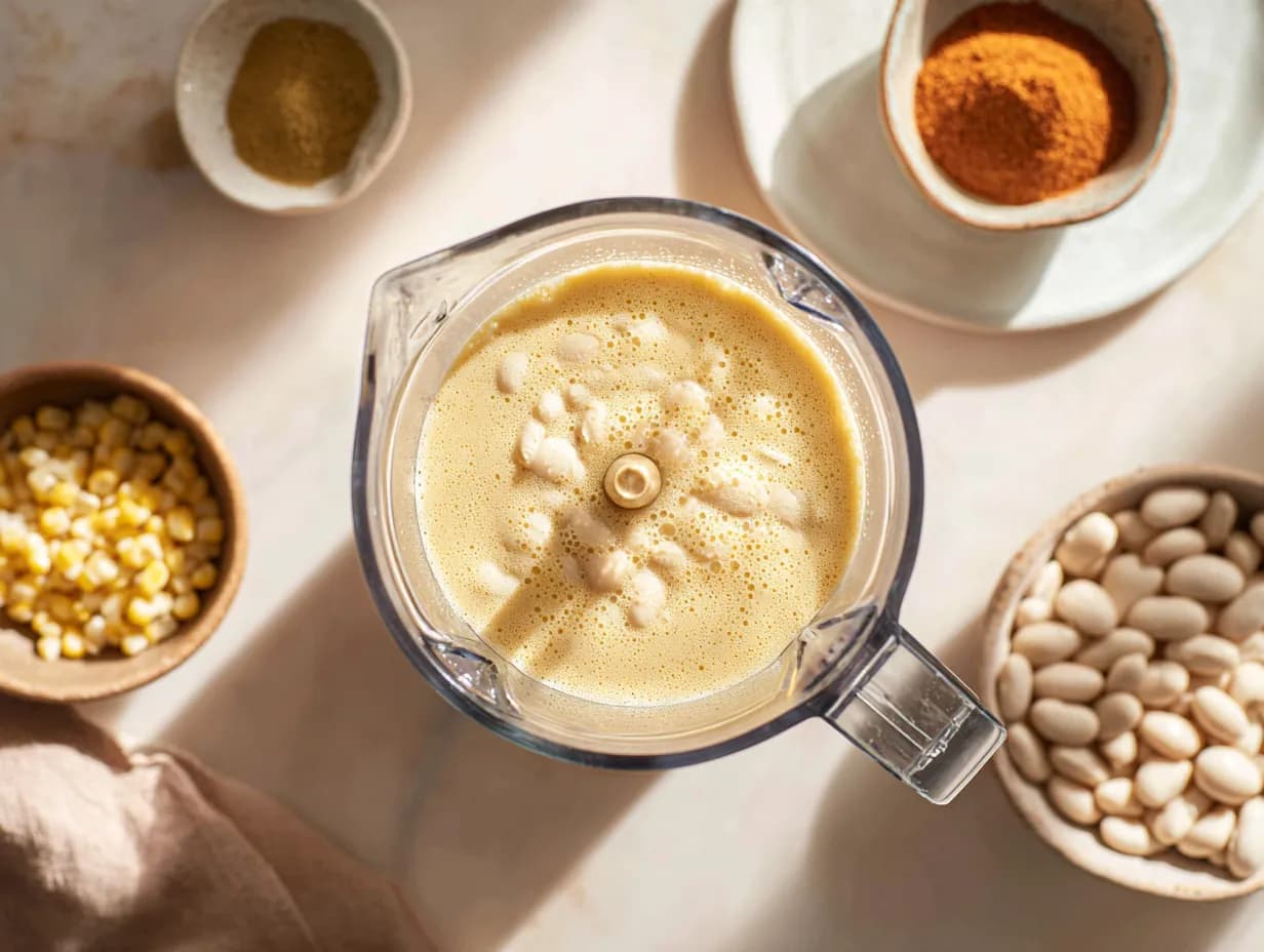 Blending white beans and chicken broth in a blender to create the creamy base for white chicken chili crockpot recipe