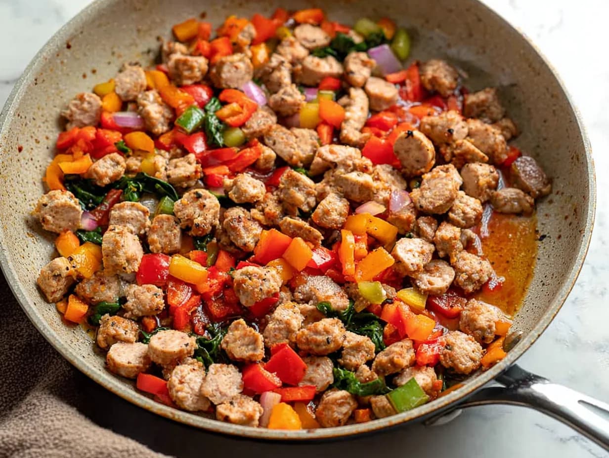 cooked turkey sausage with vegetables in skillet for breakfast enchiladas