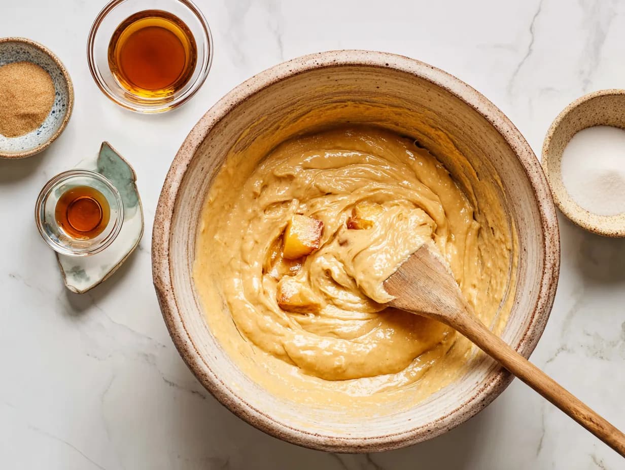 Top-down photo of Brown Sugar Peach Cake batter with fresh peaches being folded in