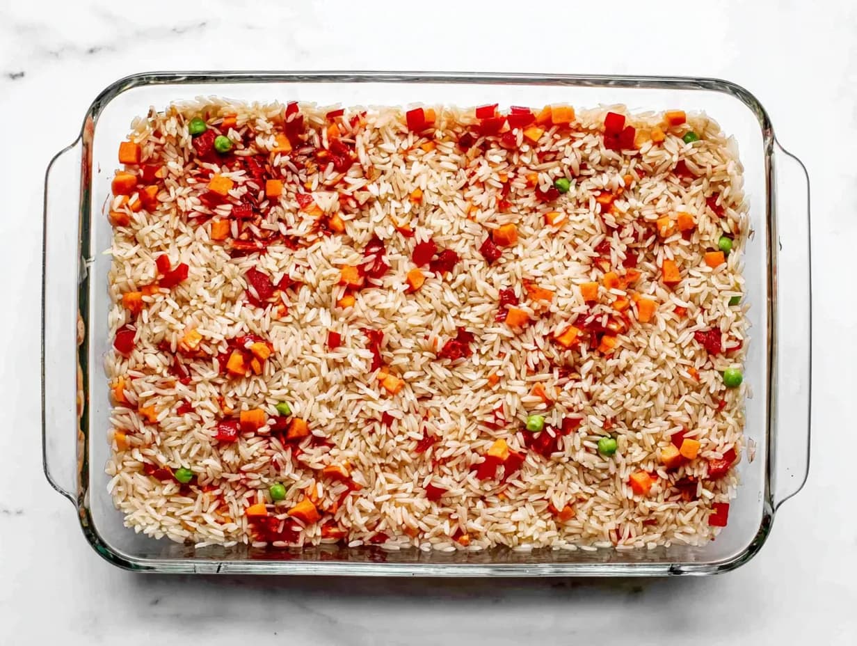 Chicken Burrito Casserole ingredients in a baking dish before baking