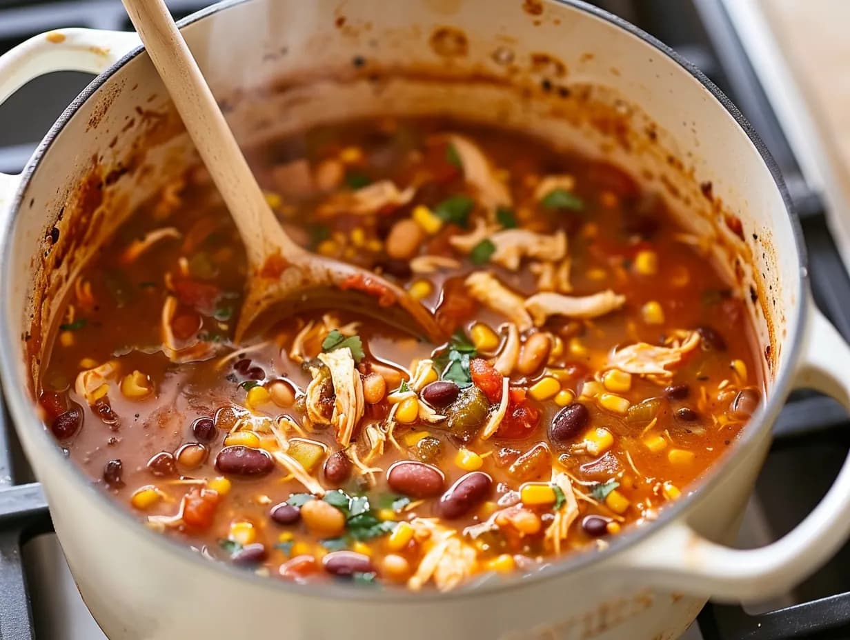 Chicken taco soup simmering in a white enamel pot with shredded chicken, beans, corn, and tomatoes