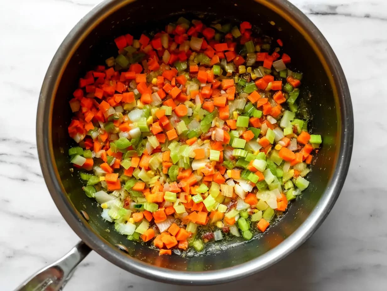 Colorful diced carrots, celery, and onion sautéing in bacon fat to build the flavor base for creamy corn chowder.
