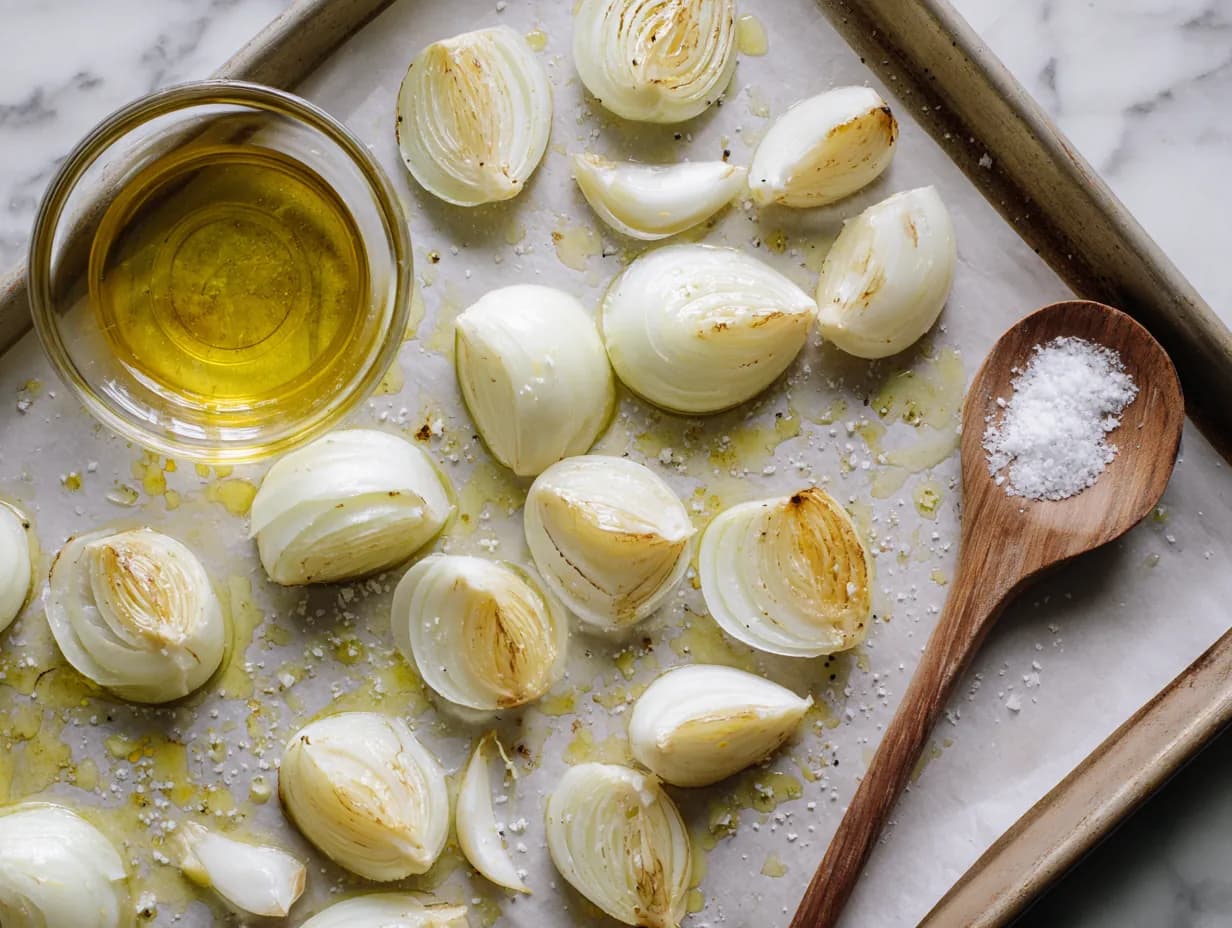 Onion wedges drizzled with olive oil and sprinkled with salt on a baking sheet before roasting