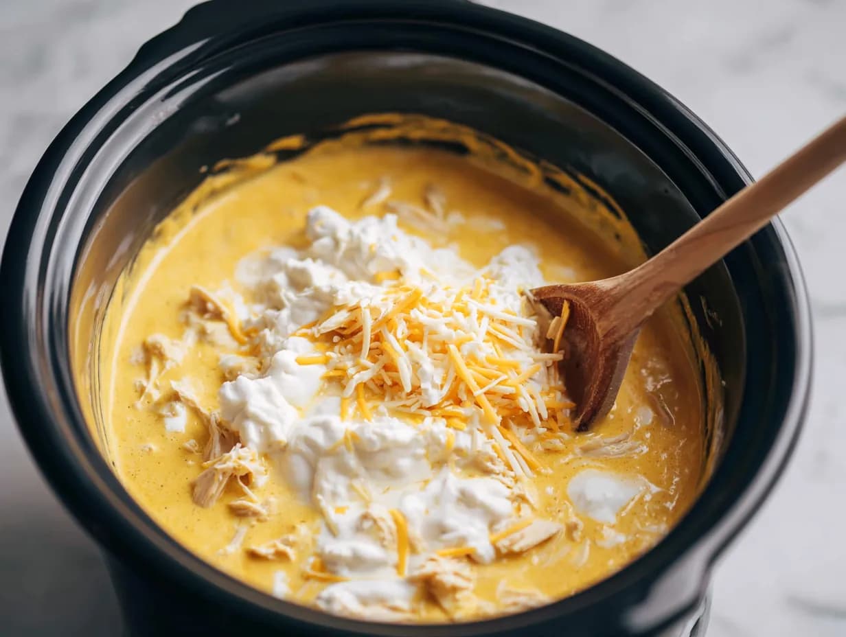 Shredded chicken and melted cheese stirred into crockpot mixture