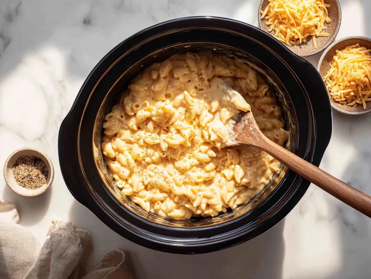 Mixing creamy mac and cheese ingredients in a black slow cooker with a wooden spoon