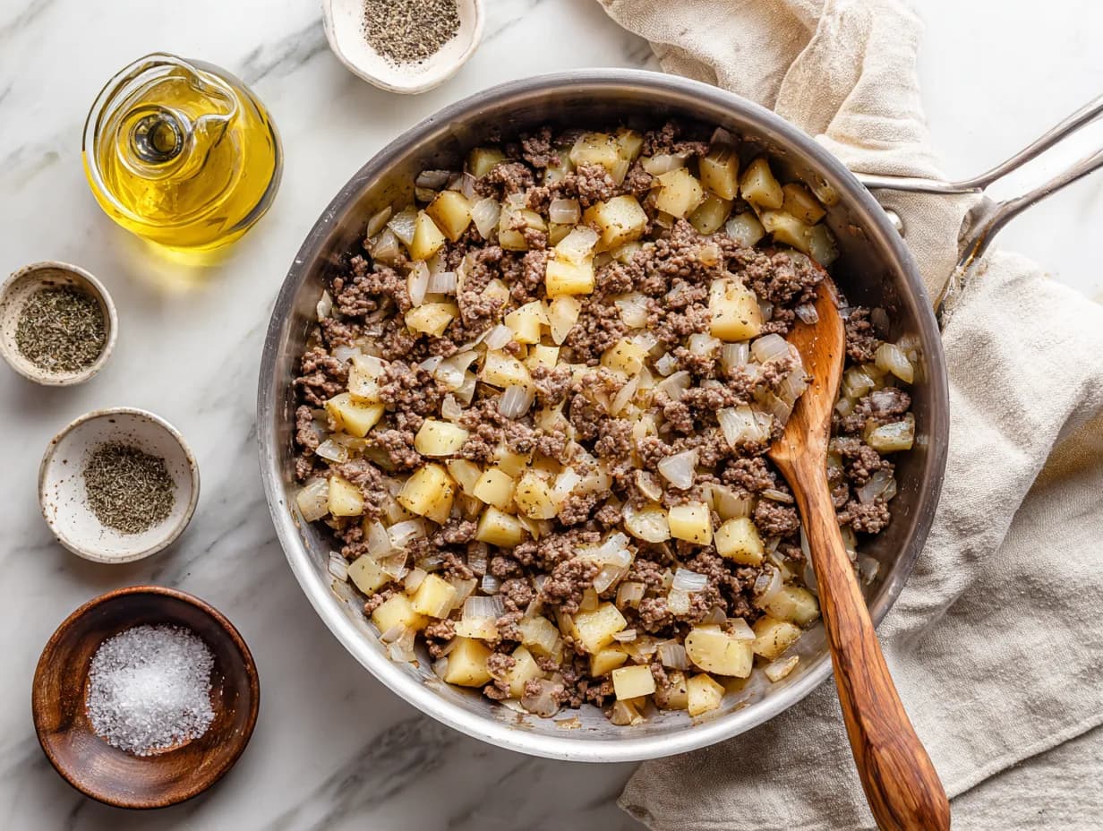 Overhead photo of browned ground beef, onions, and diced potatoes cooking in a skillet on a marble surface with wooden spoon and spices.