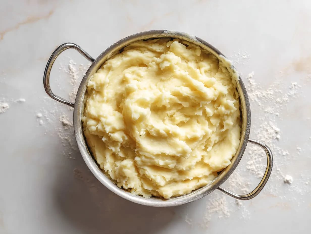 Smooth mashed potatoes in a stainless steel pot on a marble surface, ready for making Irish Potato Farls.