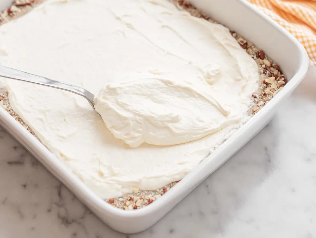 Spreading a creamy layer of whipped cream cheese mixture over the cooled pecan crust in a white baking dish.