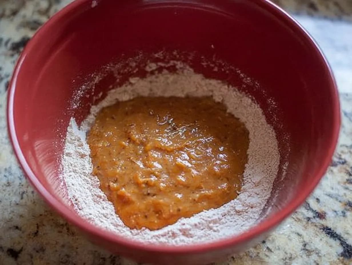 Pumpkin mixture added to dry mix in red bowl