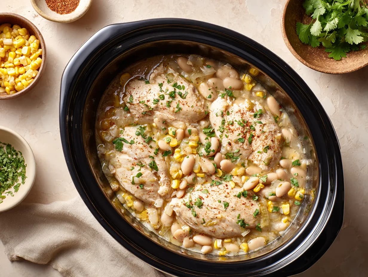 Top-down view of crockpot filled with chicken breasts, beans, corn, and green chiles before cooking white chicken chili