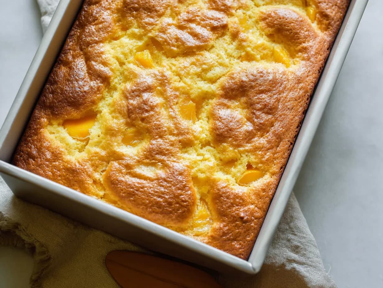 Freshly baked Brown Sugar Peach Cake in a pan with golden top and visible peach pieces