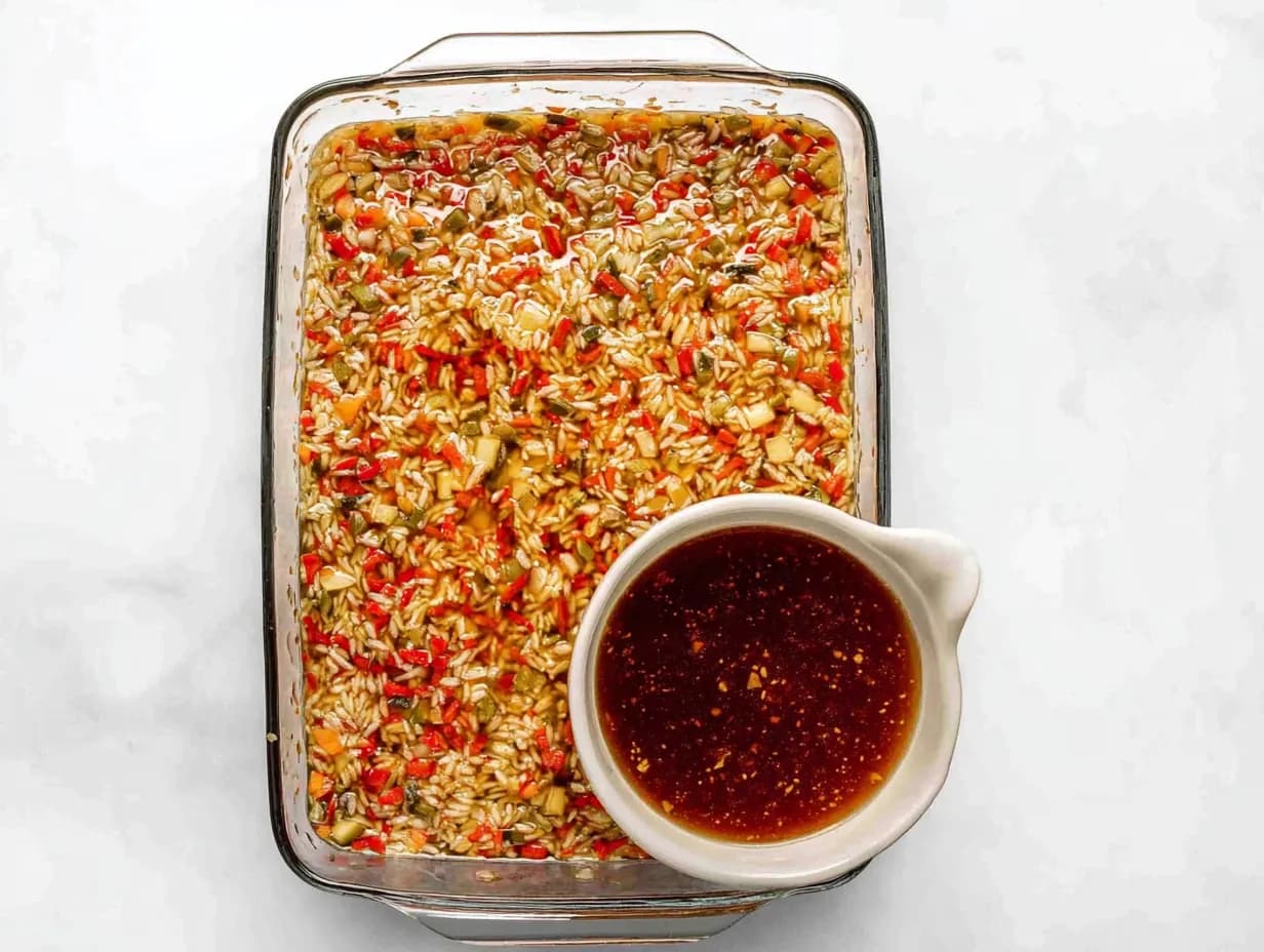 Pouring tomato and chili sauce mixture over rice and vegetables for Chicken Burrito Casserole