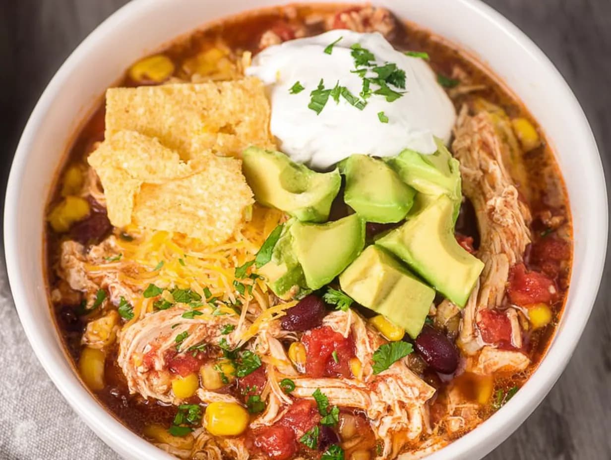 Bowl of chicken taco soup topped with avocado, sour cream, cheese, and tortilla strips