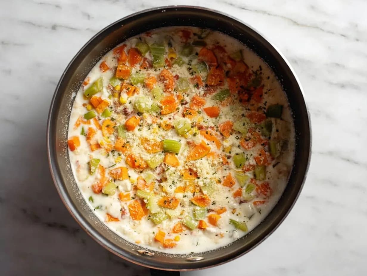 Flour coating softened vegetables in a pot, thickening the chowder base for a creamy corn chowder texture.