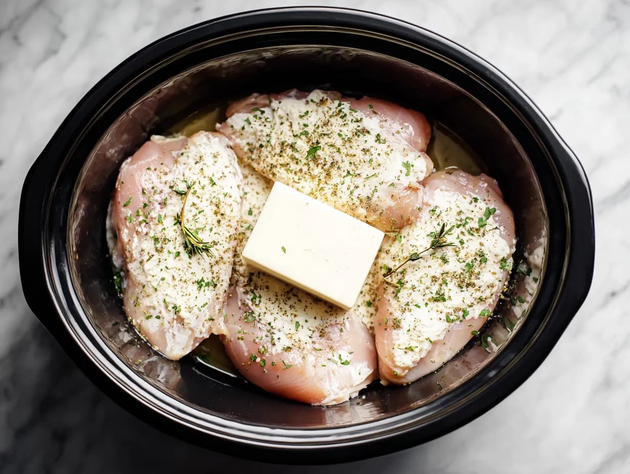 Crockpot with chicken breasts, ranch seasoning, and cream cheese before cooking.
