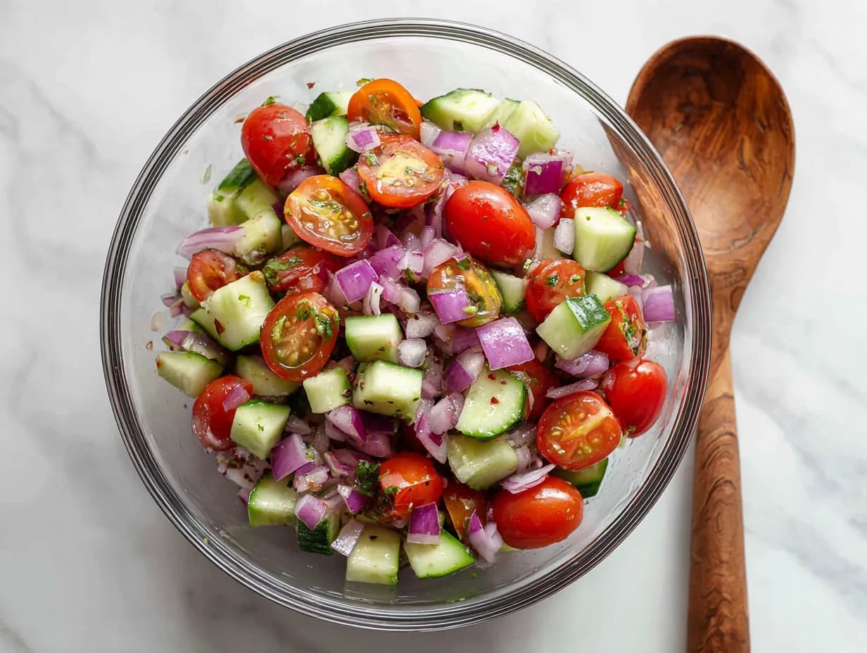 Diced cucumber, cherry tomatoes, and red onion mixed in a glass bowl for Caprese Salad
