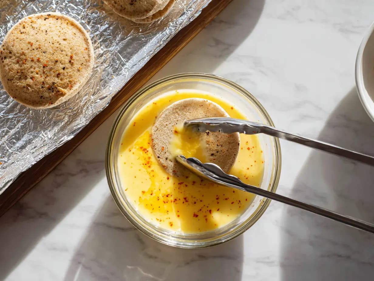 English muffin half being dipped into whisked egg mixture with tongs on a marble countertop, showing the soaking step for English Muffin Breakfast Pizza.