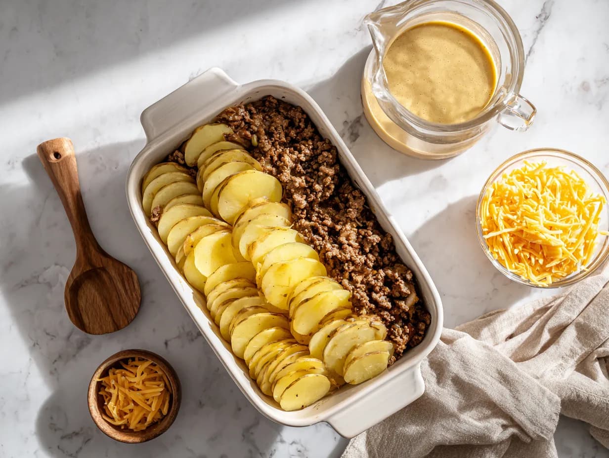 Overhead photo of layering Campfire Beef and Potato Casserole in a white baking dish with sliced potatoes, cooked ground beef, creamy sauce, and shredded cheese.