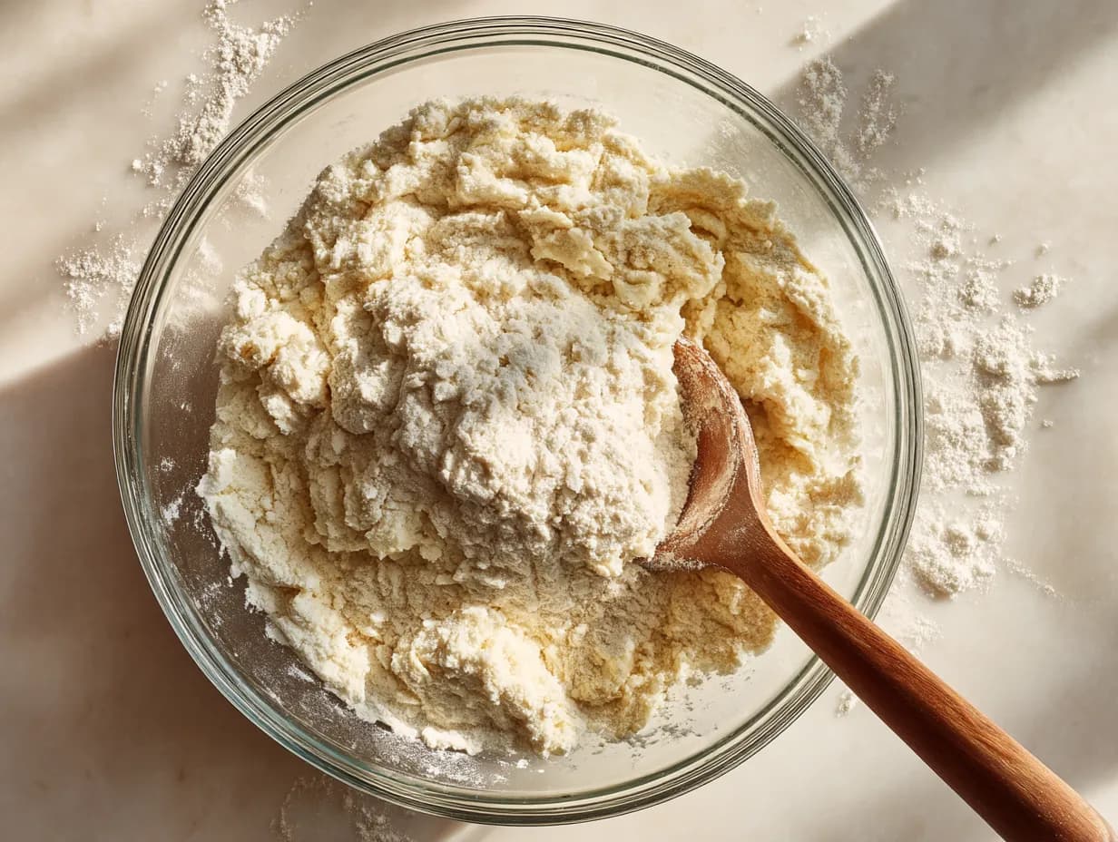 Flour being mixed into mashed potatoes with a wooden spoon on a marble surface, making Irish Potato Farls dough.
