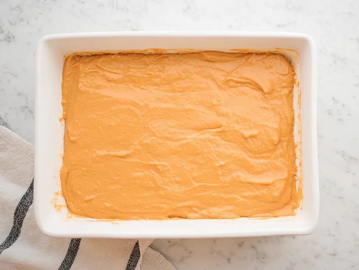 Smooth pumpkin pudding mixture spread evenly over the cream cheese layer in a rectangular white pan.