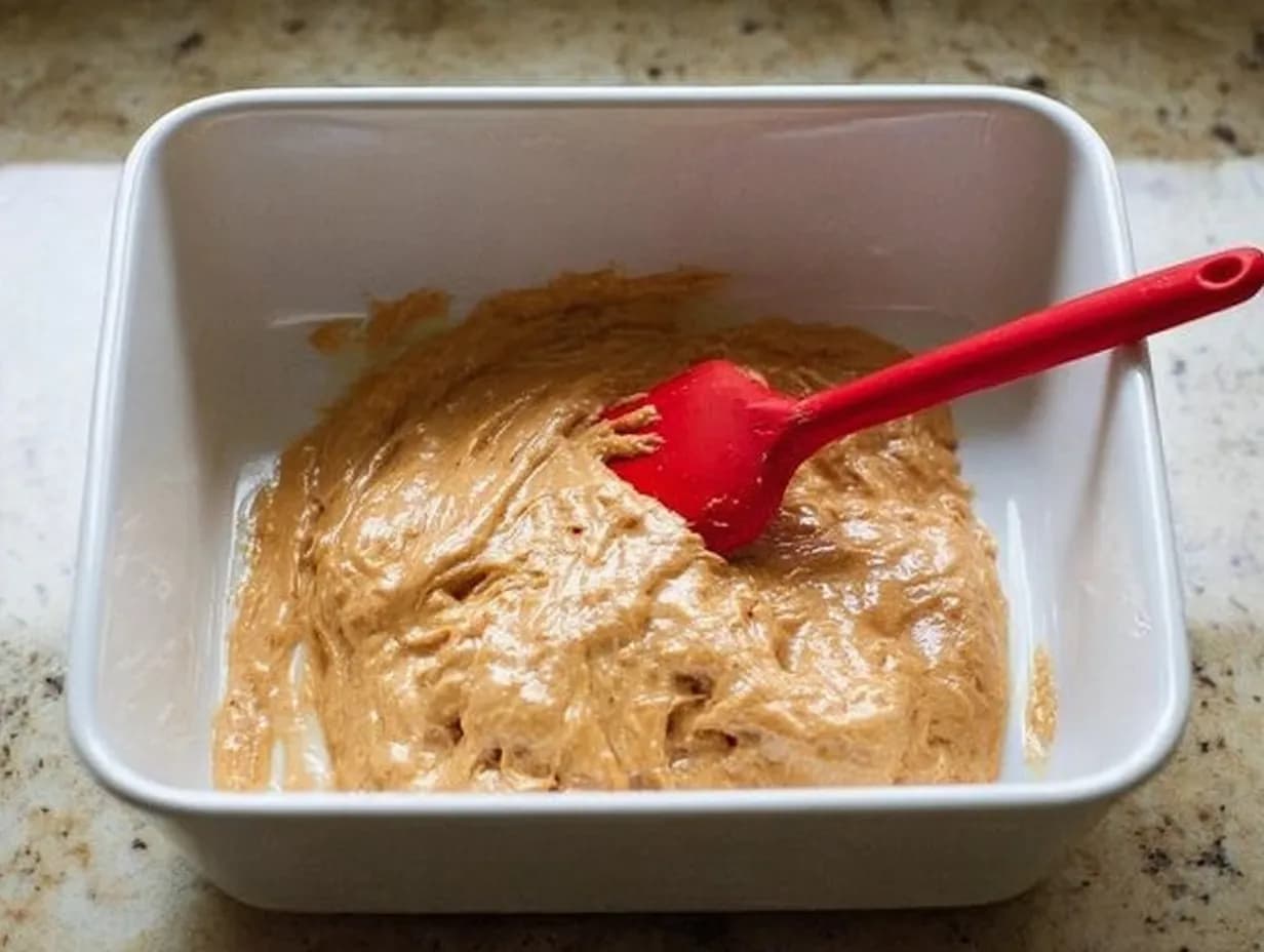 Batter being added to dish with red spatula