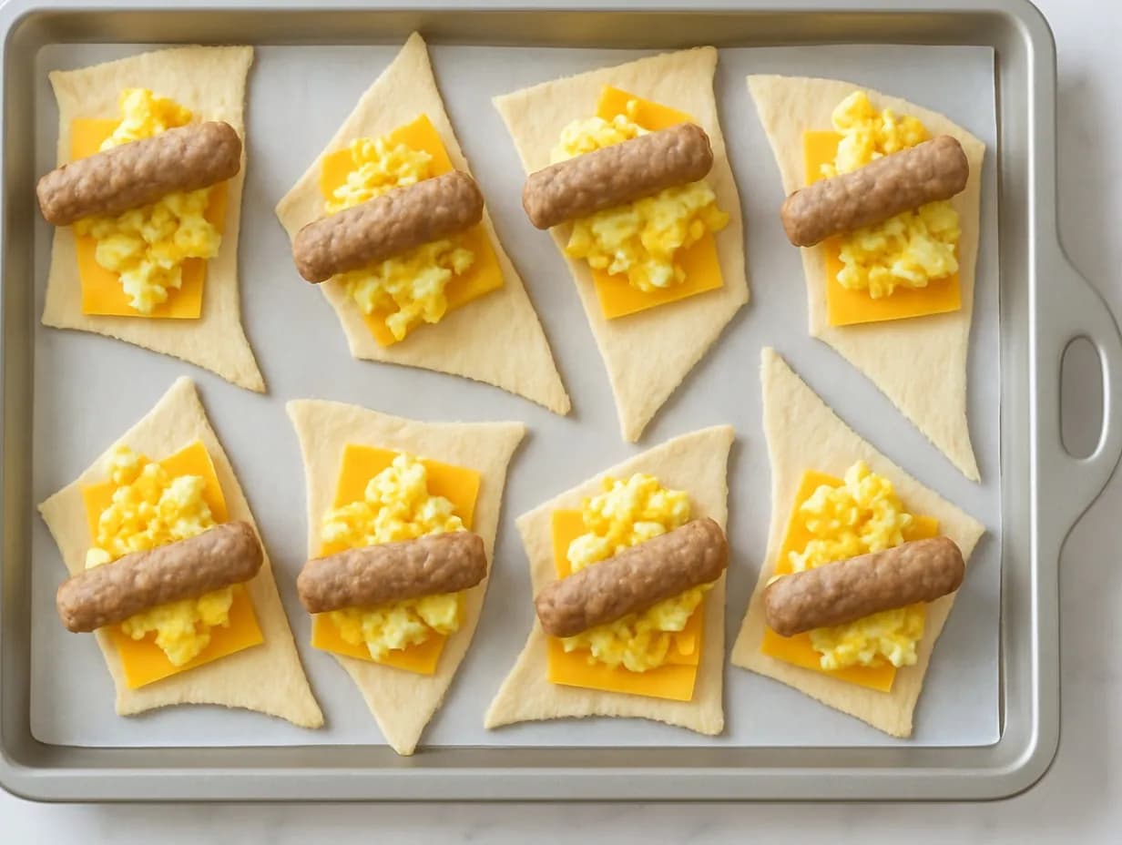 Unbaked sausage egg and cheese roll-ups on a baking sheet.
