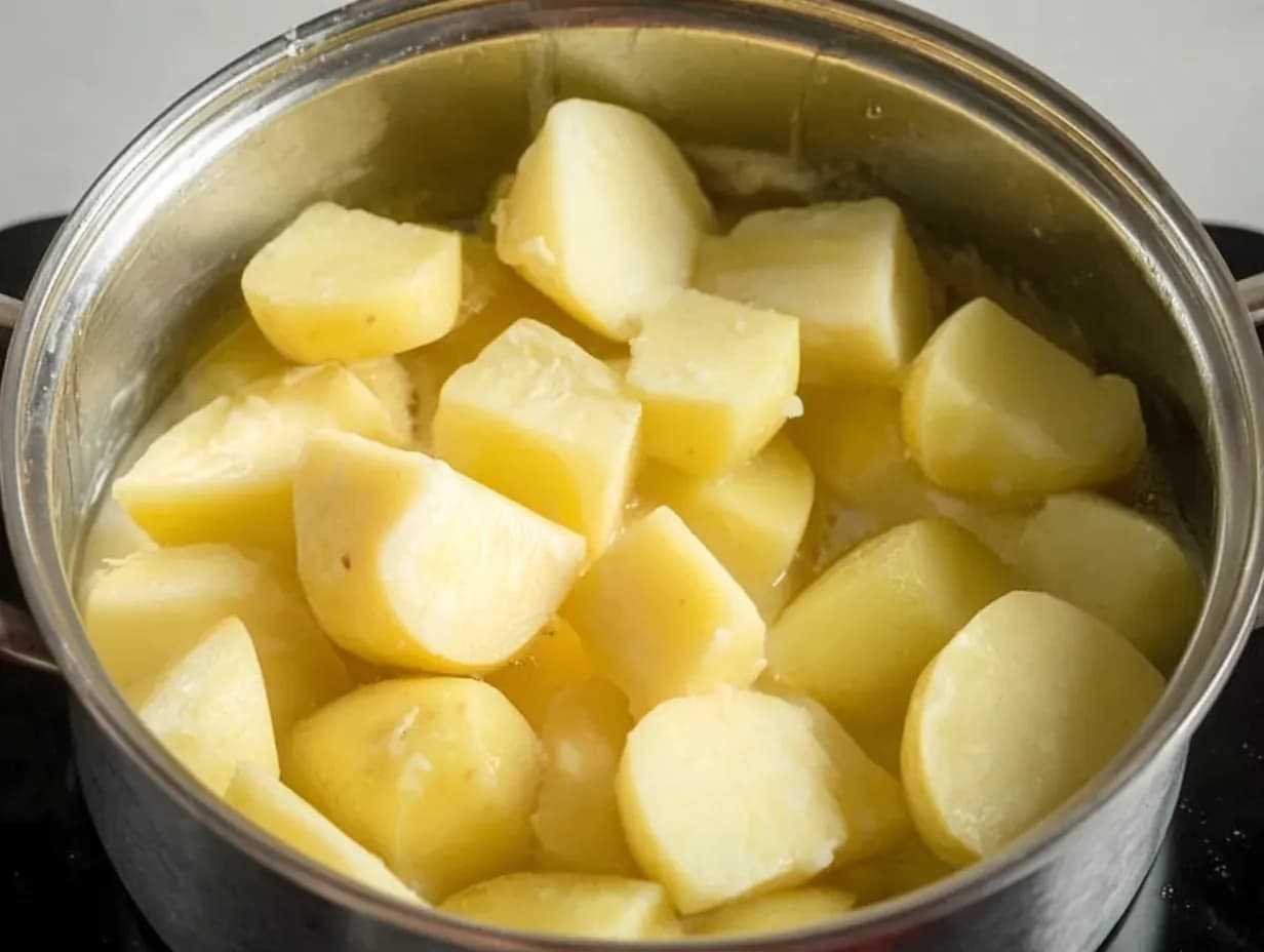 Boiled potato chunks in a stainless steel pot, cooked until tender and ready to be mashed for shepherd’s pie soup.