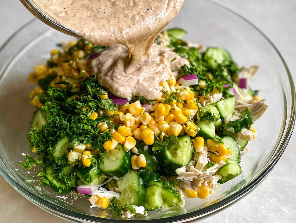 Pouring creamy chili-lime dressing over cucumber, corn, and chicken salad