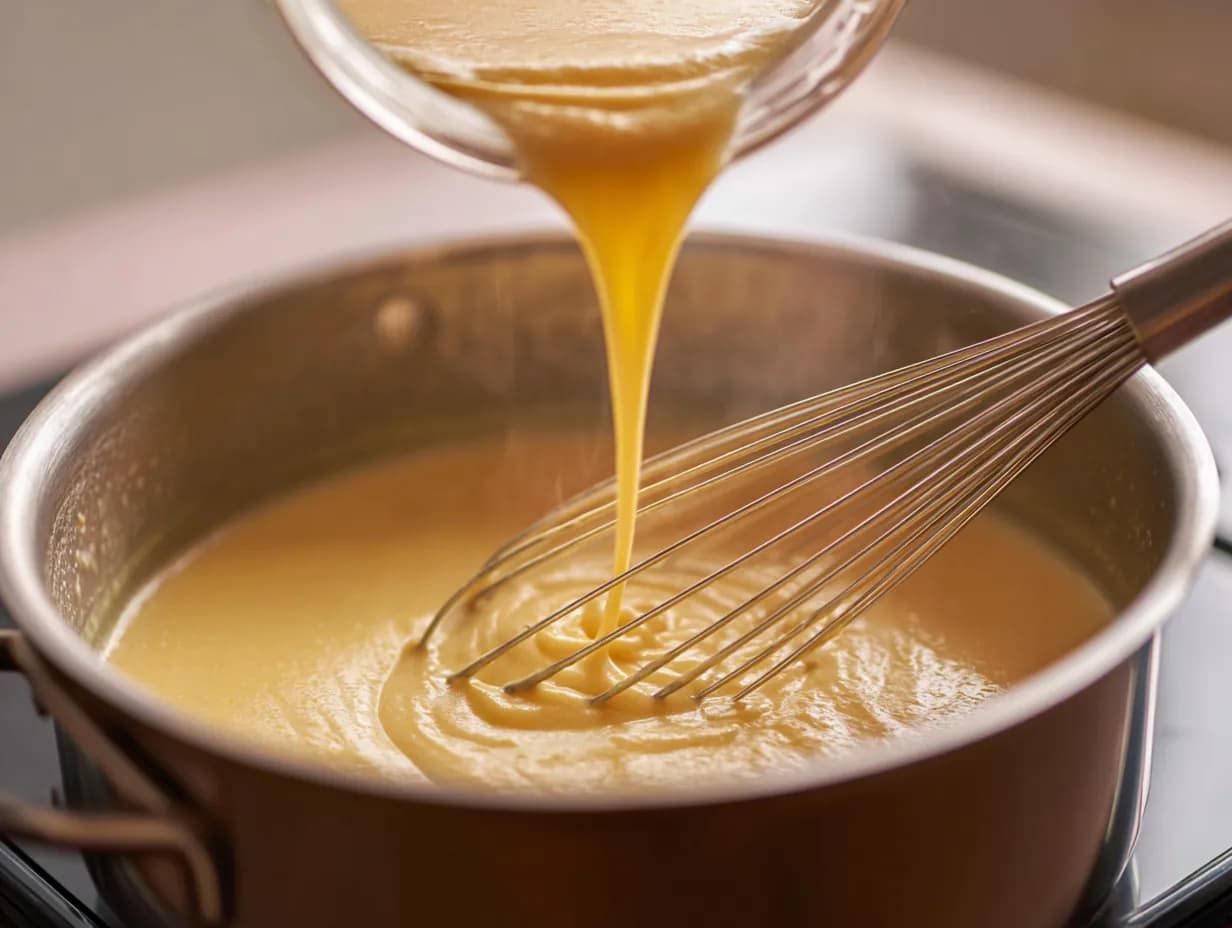 Milk being poured into a saucepan of golden roux while whisking to create a smooth creamy sauce.