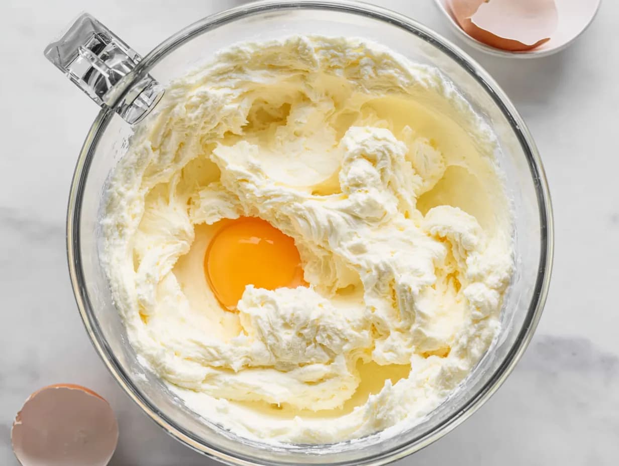 Egg being added to creamed butter, cream cheese, and sugar in a mixing bowl