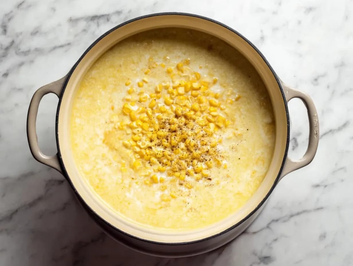 Sweet corn and cream added to the broth to create the rich, velvety base of this creamy corn chowder recipe.