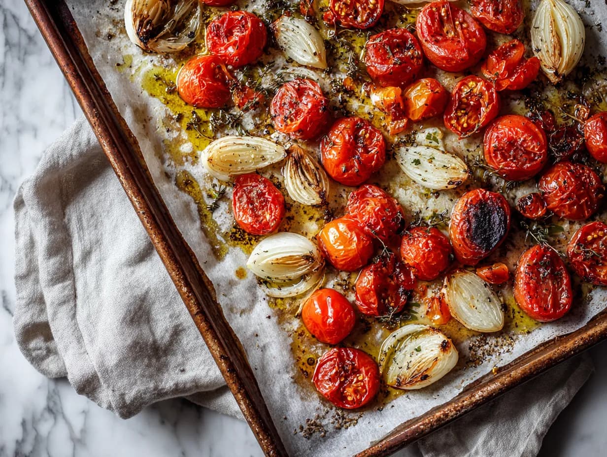 Roasted roma tomatoes and onions caramelized on a parchment-lined baking sheet