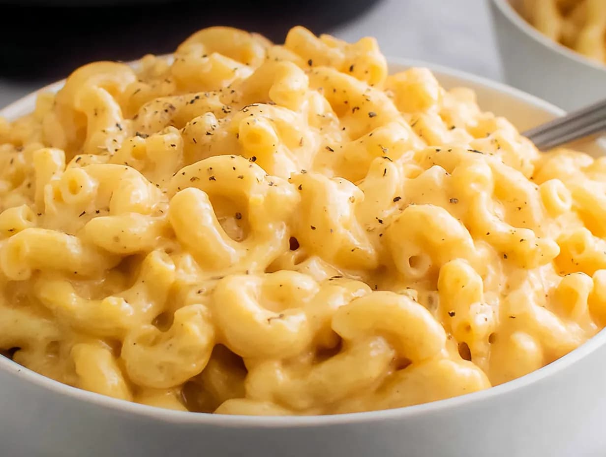 Close-up of creamy crockpot mac and cheese served in a white bowl with black pepper on top