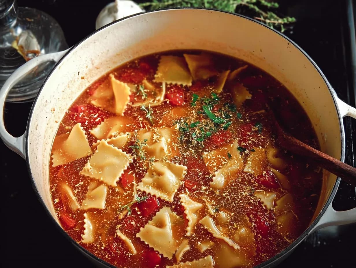 tomato broth with broken lasagna noodles in pot